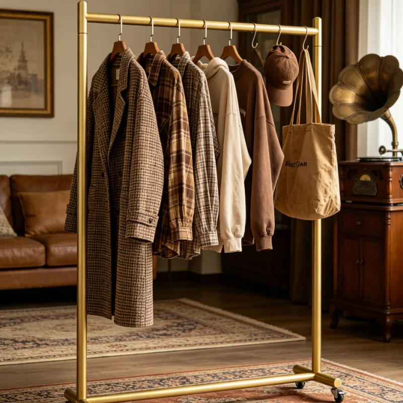 Portable Clothing Rack With Wheels Gold Metal Frame For Retail Display Home Reinforced Structure Anti Slip Base Stable Support