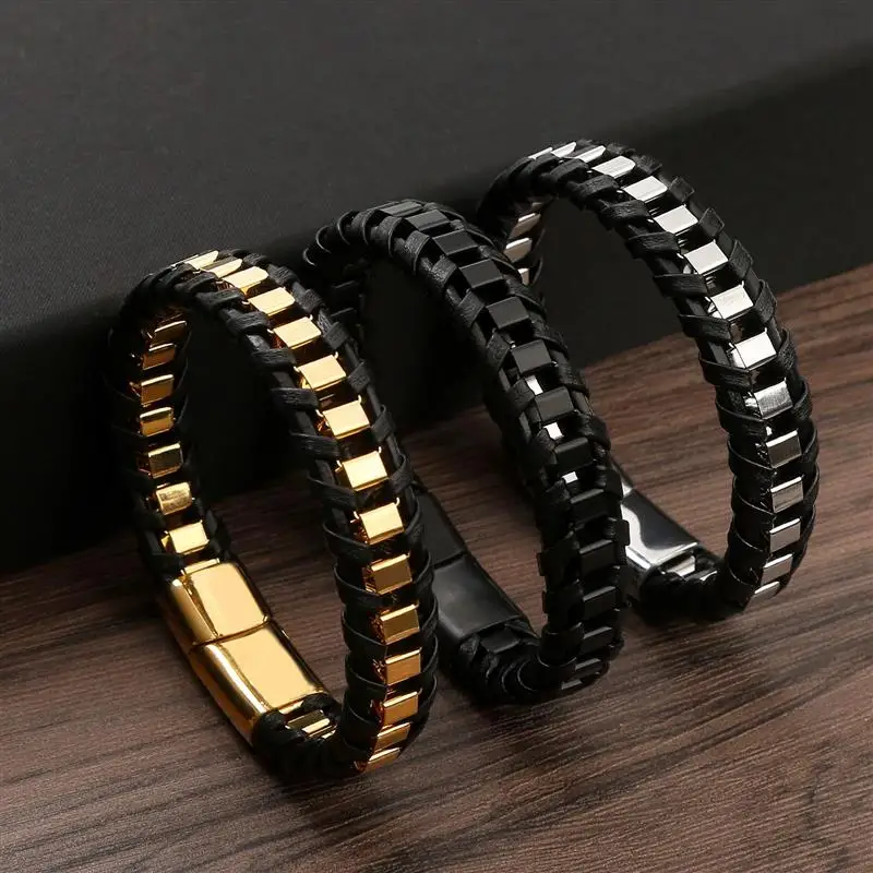 Braided Rope Woven Black Leather Men Bracelets Punk Style Stainless Steel Bangle for Friend Charm Fashion Jewelry Gifts