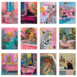 Colorful Bathtub Tiger Canvas Painting Nordic Bathroom Wall Art Animal Zebra Black Cat Aesthetic Poster Living Room Home Decor