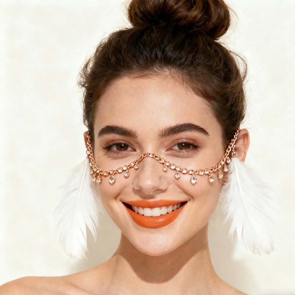 Fashion Colorful Rhinestone Face Chain Belly Dance Accessories Ethnic Glitters Carnival Feather Mask Chain Veil Party for Women