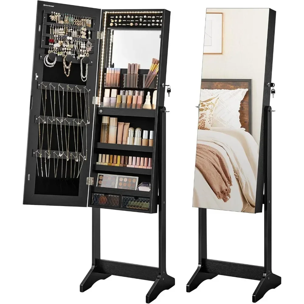 

Mirror Jewelry Cabinet Standing Armoire Organizer, Jewelry Storage with Full-Length Frameless LED Lights