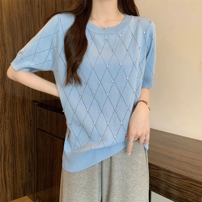 Diamonds Argyle Knitted Korean Sweater Women 2023 Summer Short Sleeve O-neck Knitwear Pullover Elegant Stylish Chic Tops Jumpers