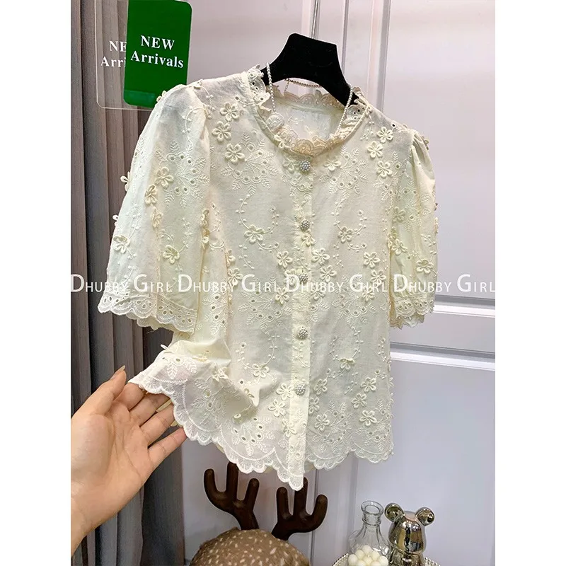 Summer Blusas Basic Office Lady Blusas Vintage Lace Tops Elegant Blouse Women Loose Hollow Out Casual Shirts