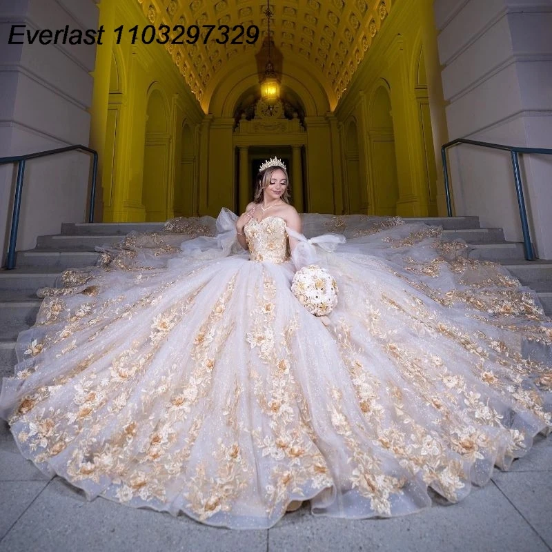 EVLAST-vestido De quinceañera en 3D para mujer, traje De baile con apliques De encaje Floral, abalorios, estilo mexicano dulce 16, 15 años, TQD739, 2024