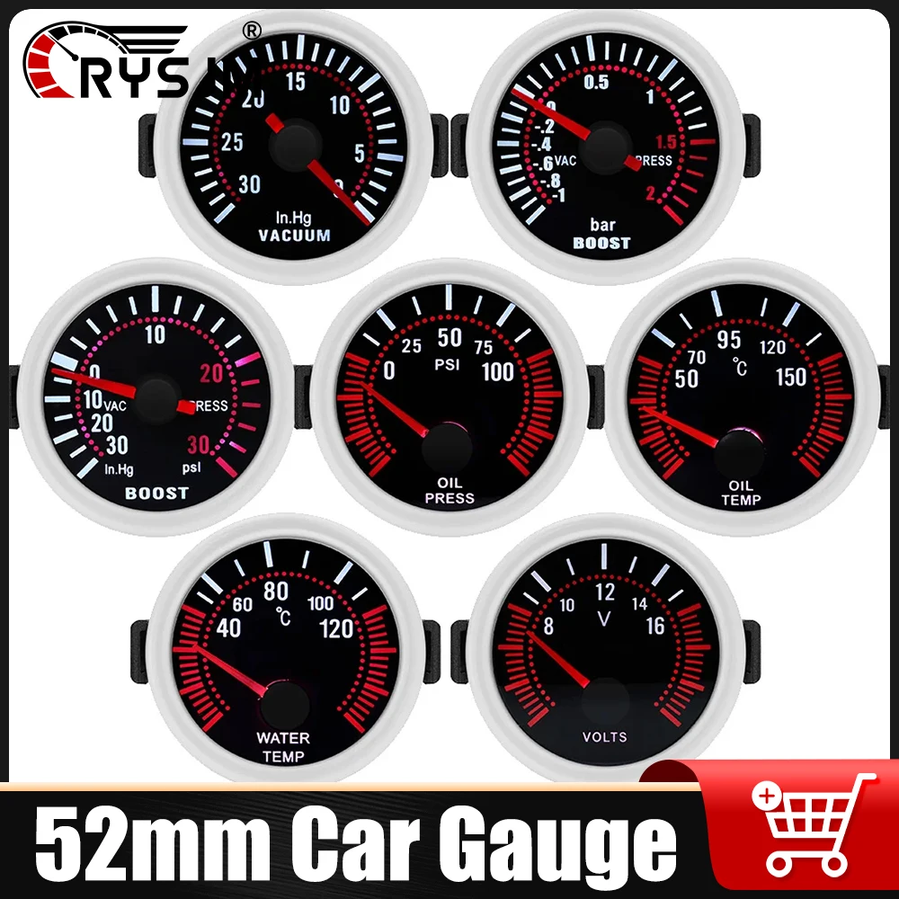 52mm Car Smoke Len Pointer Gauge Turbo Boost BAR PSI Meter Oil Pressure Oil Temperature Water Temp Voltmeter For Universal 12V
