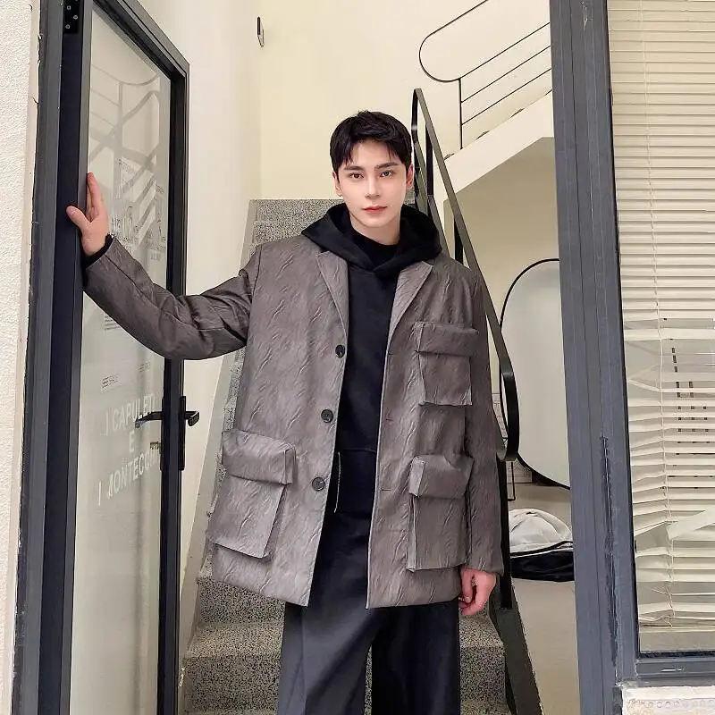 WTHT Fashion Men's Spliced Pockets Design Loose Cargo Coats Trendy 2025 Autumn Lapel Long Sleeves Casual Jackets Male 2A1917