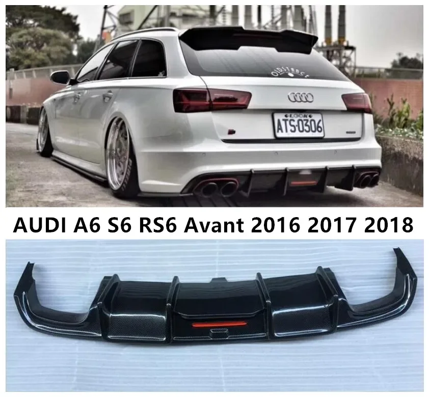 Rear Bumper Diffuser For AUDI A6 S6 RS6 Avant 2016 2017 2018 Trunk Door Lip Spoiler Real Carbon Fiber (With LED Light )