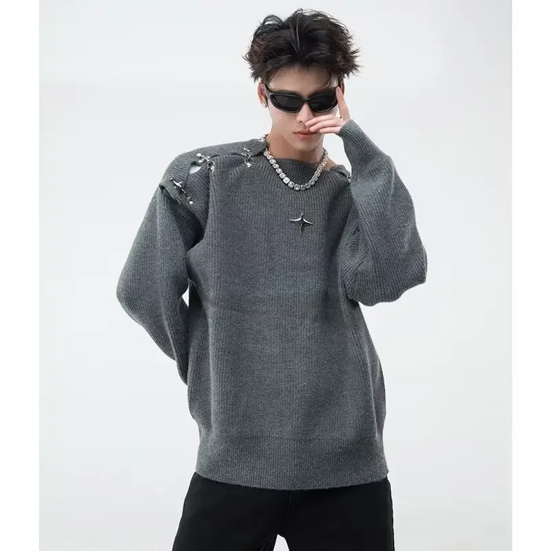 2024 High Street Vintage Fashion Metal Buckle Sweater Hollow Design Sensible Knit Long Sleeve High-End Feel Jacket Couple