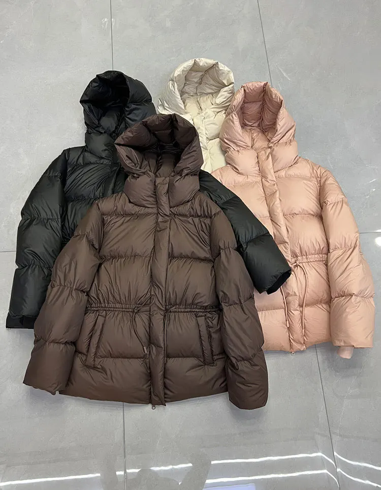 Neue weiße Entendaunenjacke für Damen, mittellang, verdickter Schneeparka, Kordelzug, schlankmachende Puffer-Brotjacke mit Kapuze