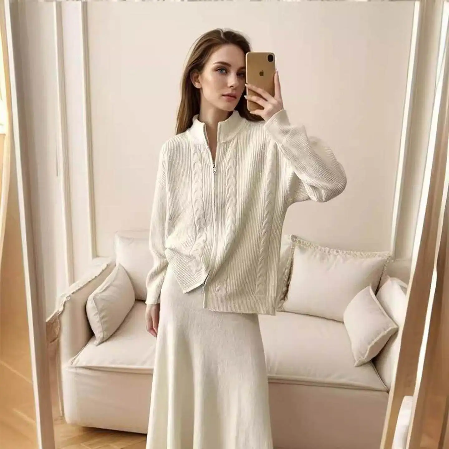 

Women's Zipper Sweater Skirt Set Faionable Knitted f-length Tailored Fi-tail Cardigan Sweater And Skirt Ensemble