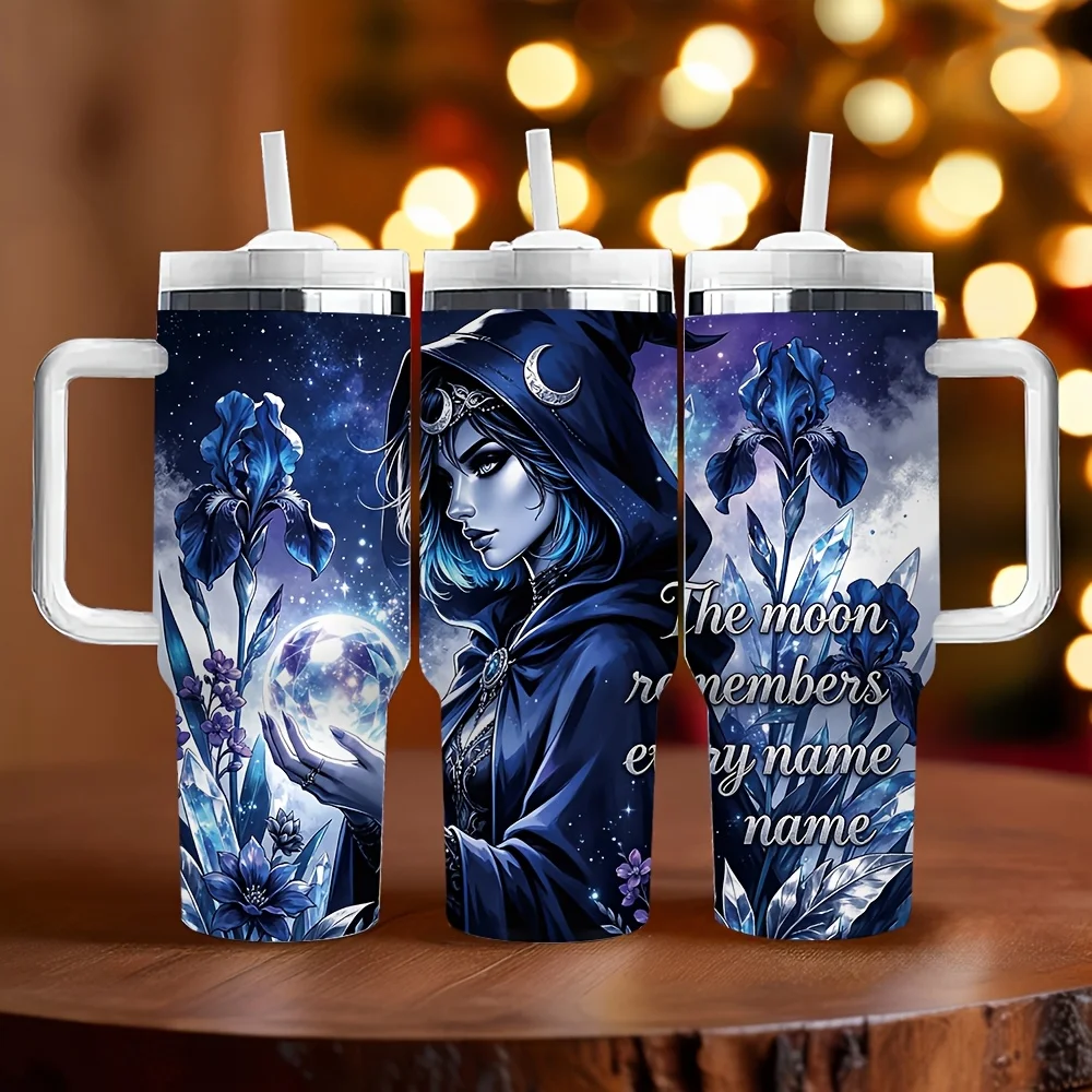 40oz Long Lasting Insulated Tumbler with Handle, Printed with Blue Witch Moon And Iris, It Is A Perfect Holiday And Birthday Gift Suitable for Daily Use And Outdoor Activities