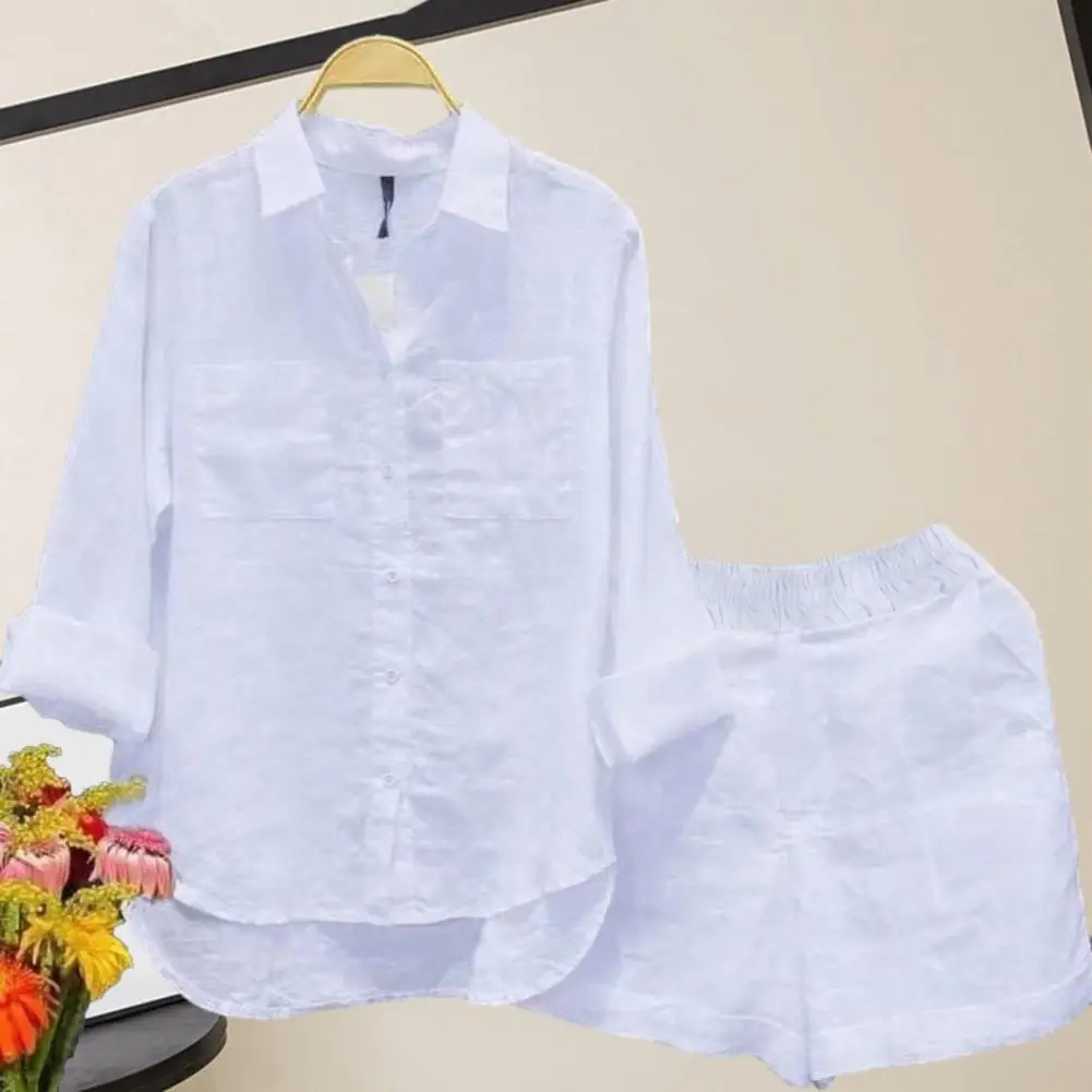 Ladies Suit Women\'s Casual Shirt Shorts Set with Irregular Hem Patch Pockets Loose Fit Long Sleeves Outfit for Fall Spring