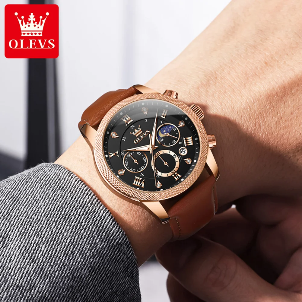 OLEVS TOP Moon Phase cronógrafo relojes luminosos para hombre correa de cuero reloj de cuarzo Original resistente al agua para hombre reloj de pulsera de marca