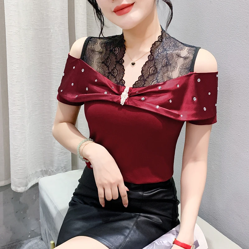 #7222Black White Red Spliced Lace V-neck Off Shoulder T Shirt Women Sexy Skinny Short Tshirt Female Party Tee Shirt Femme Summer