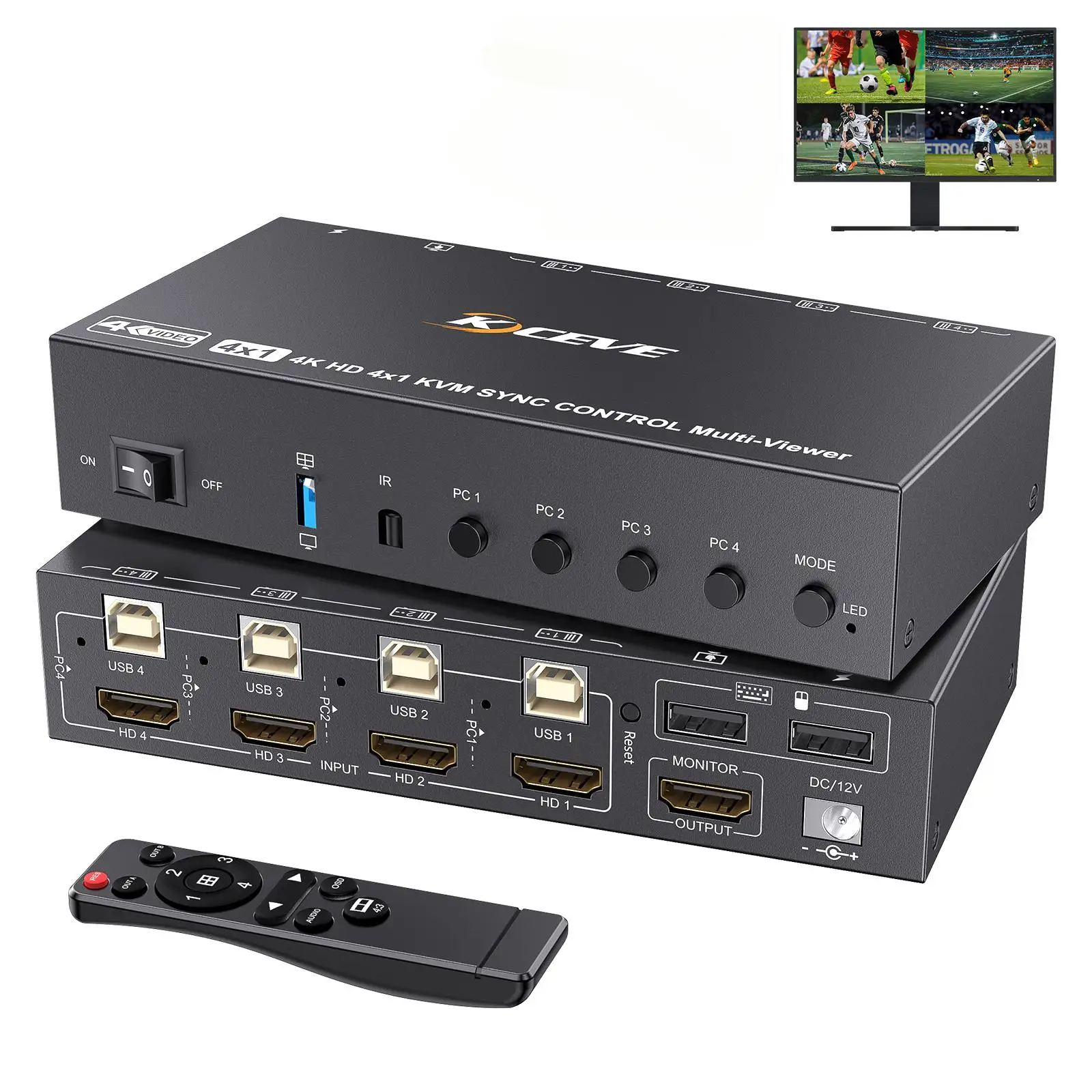 

4K HDMI KVM Switch 4 Computers 1 Moninitor,HDMI Multiviewer Seamless Switch 7 Display Modes, Hotkey Switch/IR Remote & Plug-Play