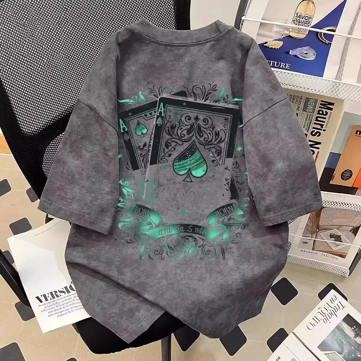summer-loose-dyed-short-sleeve-t-shirt-unisex-casual-style-polyester-fabric-large-size-135kg-fashionable-poker-print-top