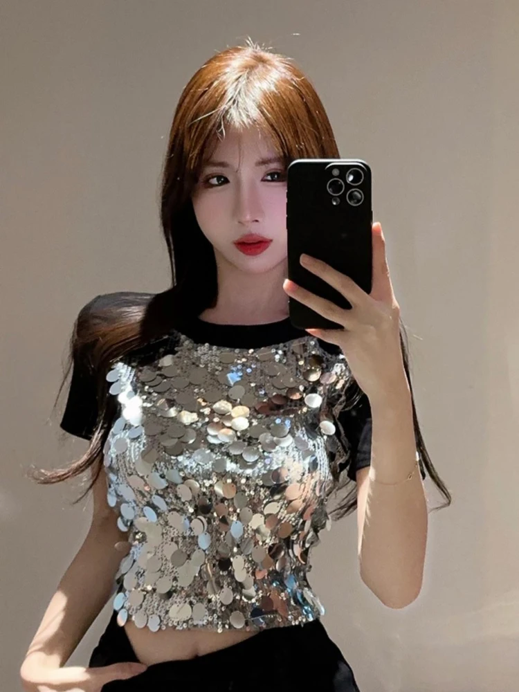 

Rhinestone Slim Black Tops Woman Sexy Crop Clearance Y2k Fashion Korea Pulovers Trending Clothing Vintage Kpop T Shirt for Women