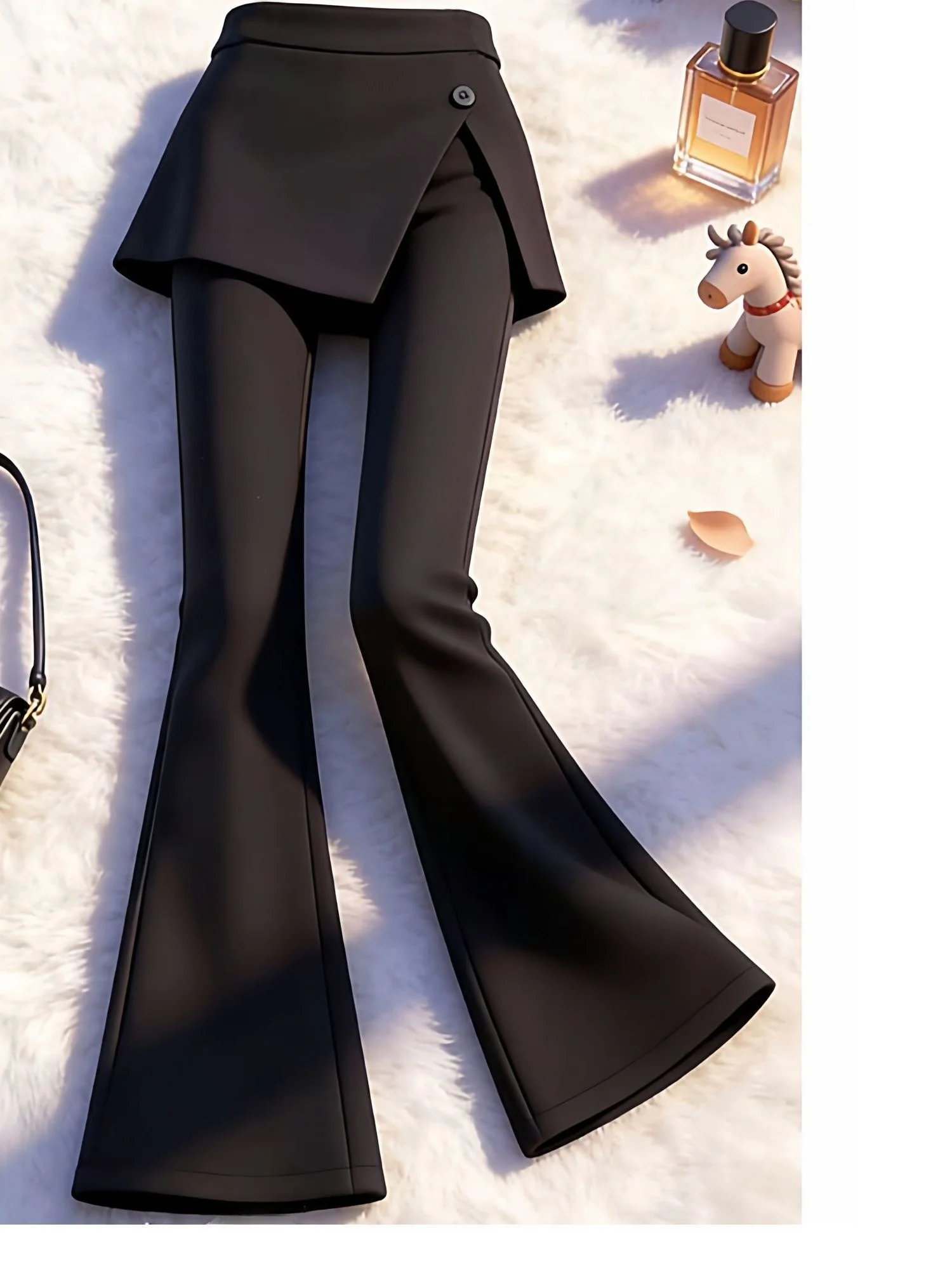 Korean Style High Waist Wide Leg Pants Spring Summer New Asymmetrical Design Pure Color Fake Two-Piece Black Skirt Pants