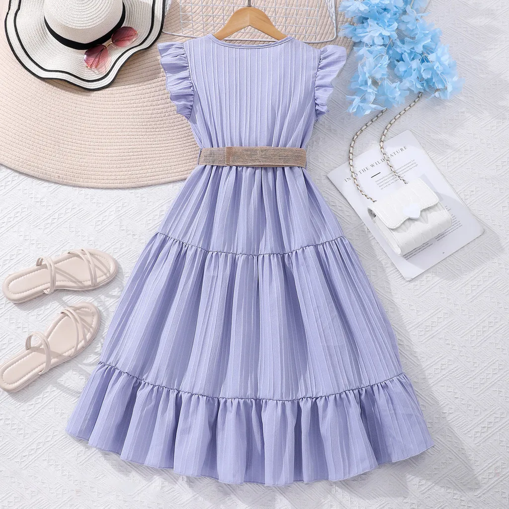 Kids Dress Teens Girls Clothing Short Sleeve Summer Korean Style Children Clithes Ruffled Girls Dress Kids Girl 8 9 10 11 12 Y