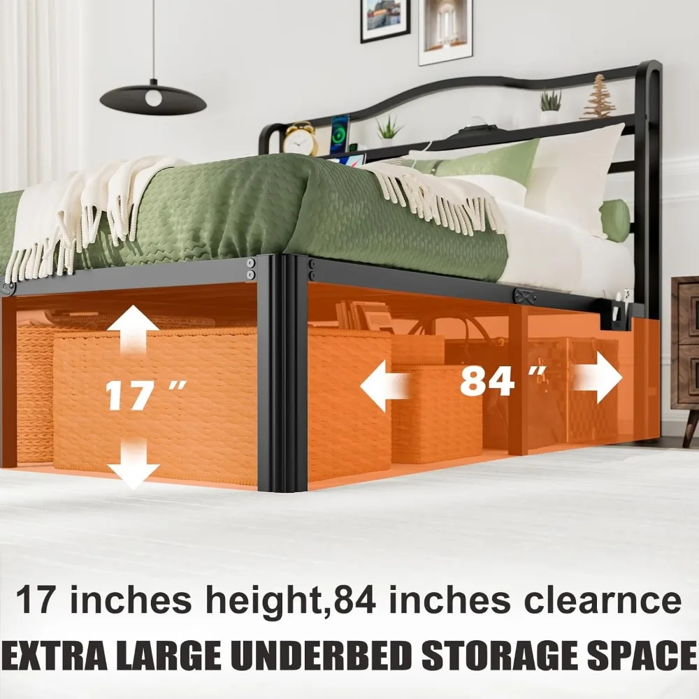 Queen Bed Frame with Headboard and Lights Galaxy Aurora Star Projector 18 Inch Tall Bed Frame Queen Size with Charging Station