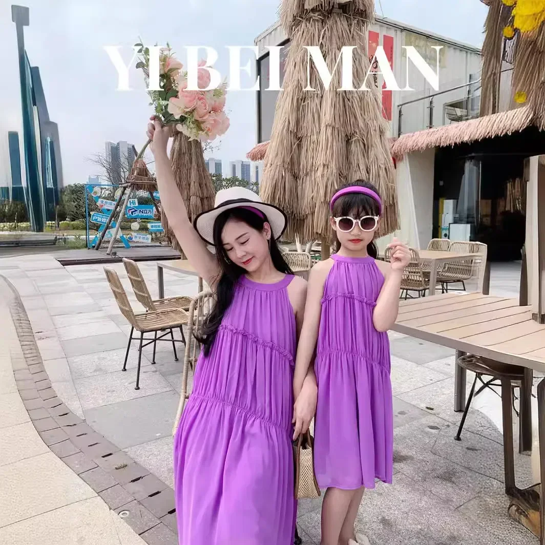 Vacation Look Mom and Daughter Purple Dress Resort Mother Baby Girls Beach One Piece Dresses Holiday Women Mommy and Me Clothing