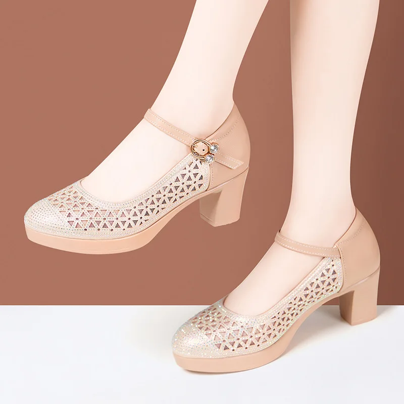 Elegant Mesh Crystal Genuine Leather Platform Pumps 6cm 9cm 11cm High Heels for Wedding Party Spring 2025 Block Heel Shoe Model