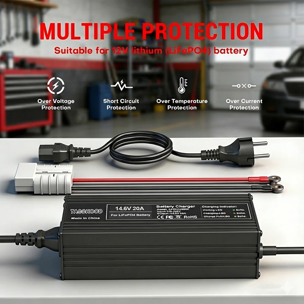 Ładowarka do akumulatorów litowych 12V 20A do akumulatorów LiFePO4 12V, inteligentna ładowarka AC-DC 14.6V do akumulatorów LiFePO4 4S o głębokim cyklu rozładowania do łodzi i kamperów. — zdjęcie produktu 2