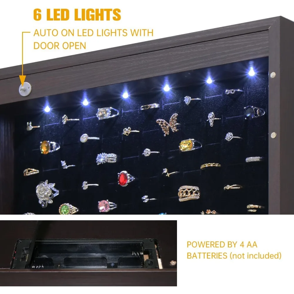 LED Jewelry Cabinet Armoire Organizer with Full-Length Mirror, Wall/Door Mount, Large Capacity Brown