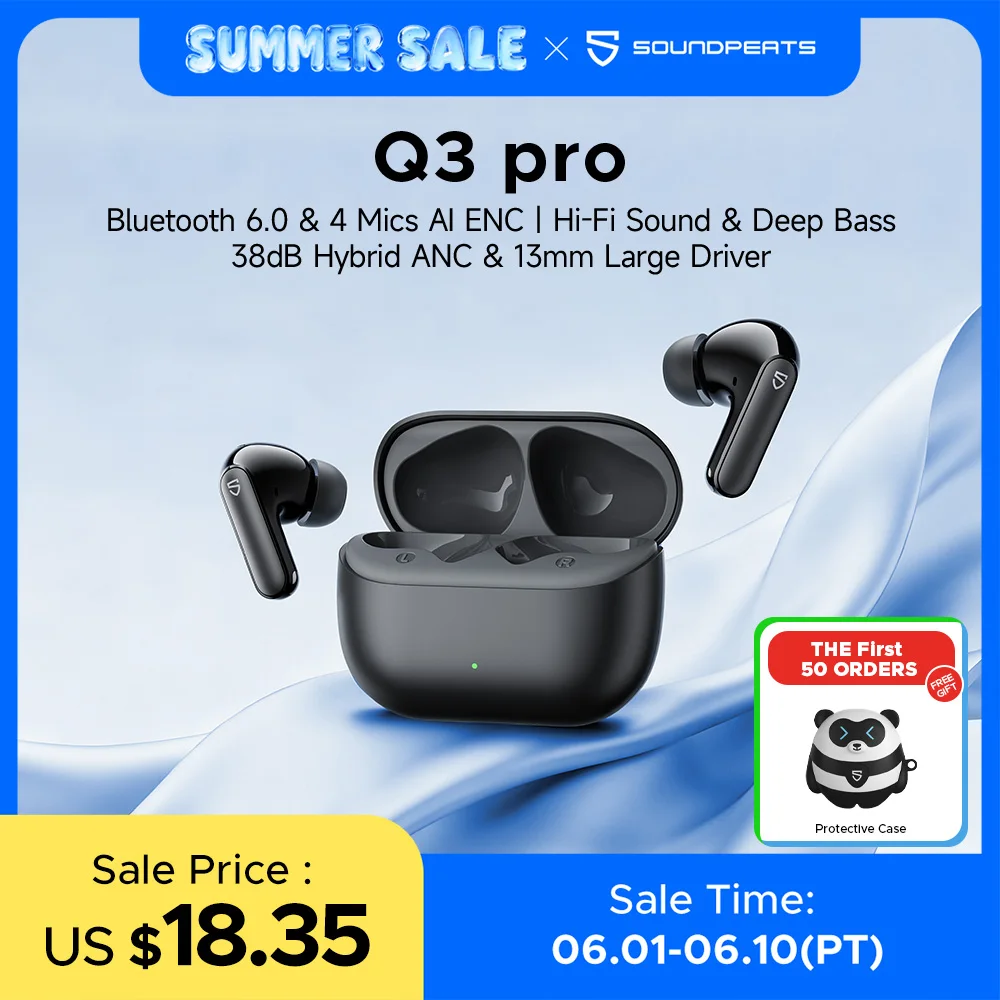 SoundPEATS Q3 pro Wireless Earbuds Active Noise Cancelling Bluetooth V6.0 Earphones with 4 Mic,13mm Driver,Multipoint Connection