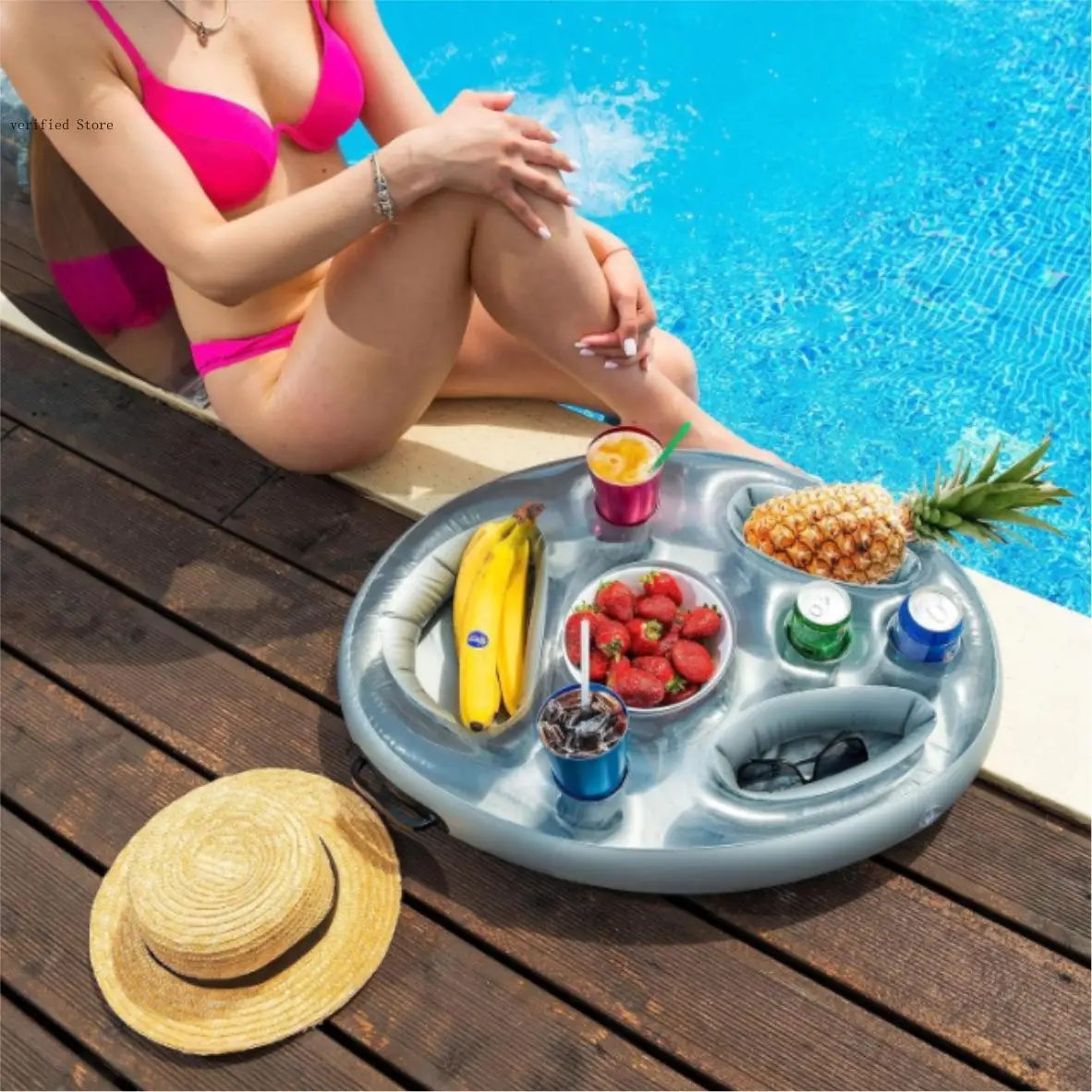 Pure Color Simple Inflatable Water Ice Tray Swimming Pool Party Float Inflatable Beverage Rack Porous Tray
