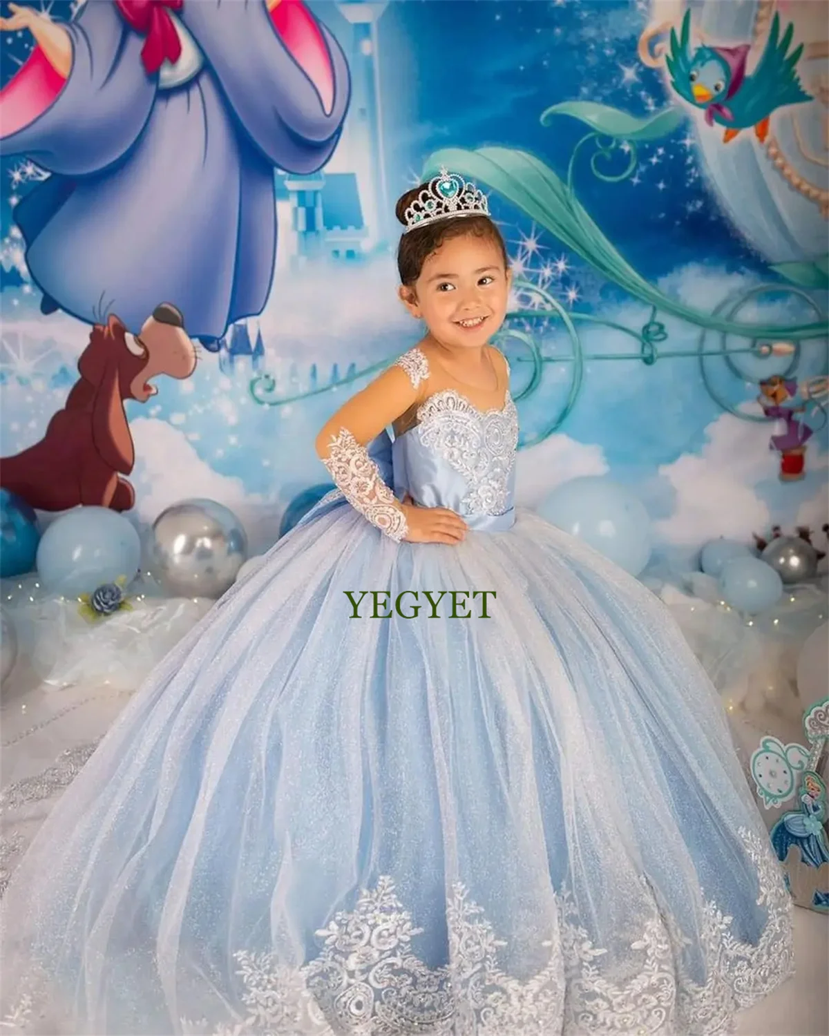 

Princess Flower Girl Dress Illusion Long Sleeve Maxi Dress Satin Sparkling Fluffy Tulle Ball Gown Communion Dress