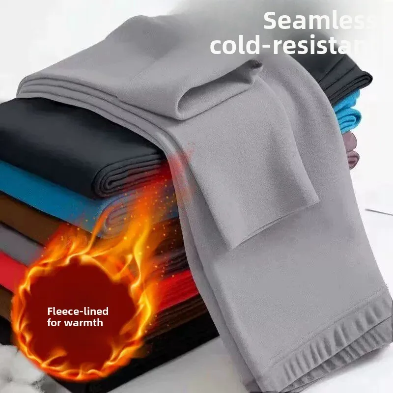 Men's Slim Fit Thermal Cotton Woolen Pants Double Sided Fleece Self Heating Warm Straight Leg Pants mid Waist Casual Trousers