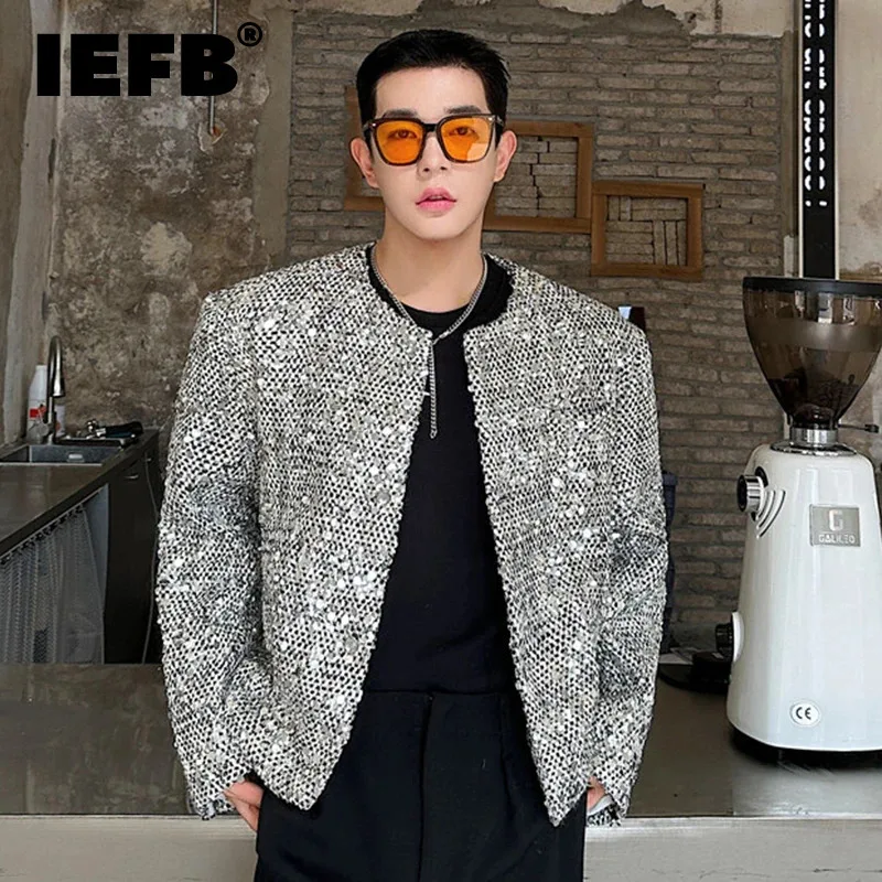 

IEFB Korean Fashion Men's Neckless Jackets Sequins Decoration Male Casual Vintage Coat High Street 2024 Spring Trendy New 9C3886