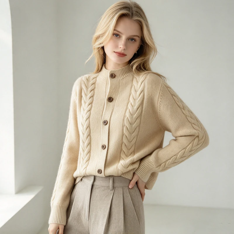 Long Sleeve Button Down Thick Warm Knitted Coat Stand Neck Cable Knit Cardigan Sweater Autumn Winter Casual Loose Outerwear Top