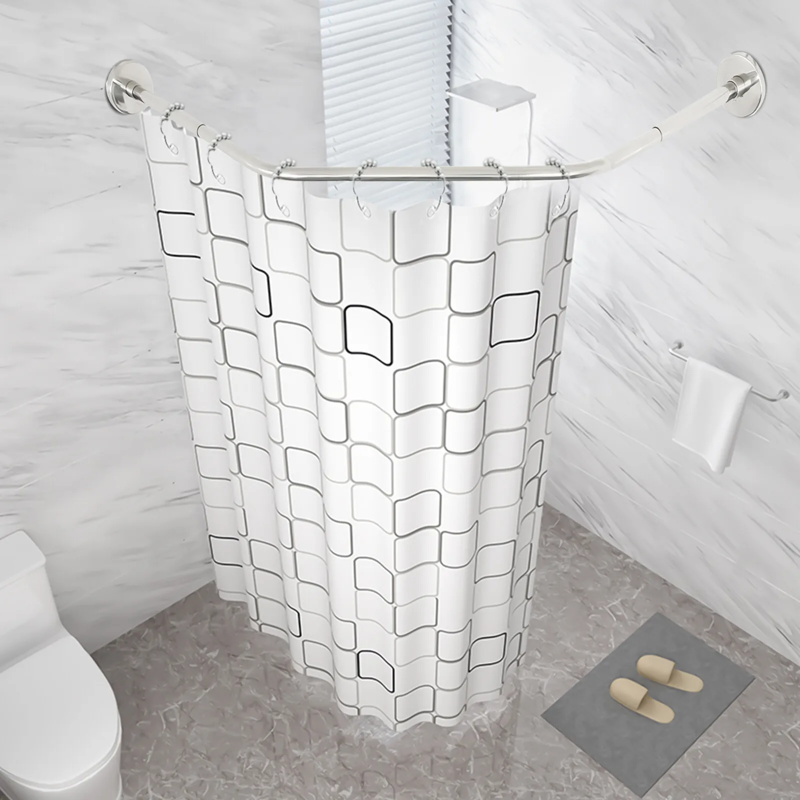 

Corner Shower Curtain Rod Adjustable Stainless Steel Curved Shaped Rack Bathroom