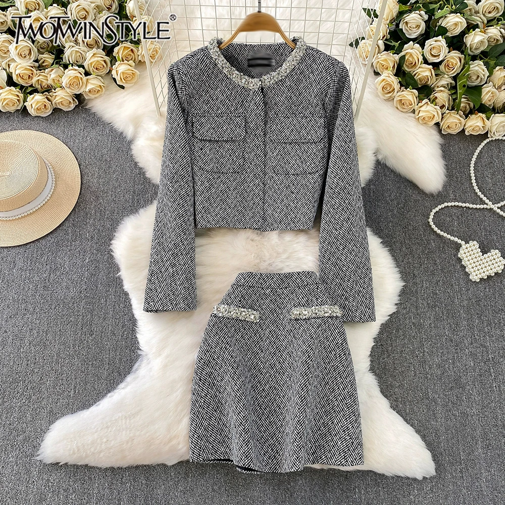 

TWOTWINSTYLE Casual Solid Two Piece Sets For Women Round Neck Long Sleeve Top High Waist Mini Skirt Chic Set Female KSE547318