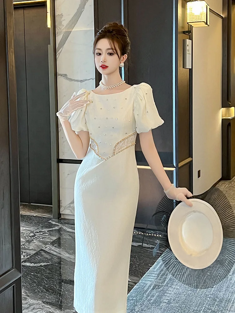 

Coigarsam Women's Summer Dress New Office Lady Solid Puff Sleeve Embroidered Flares Zipper O-Neck White Dresses