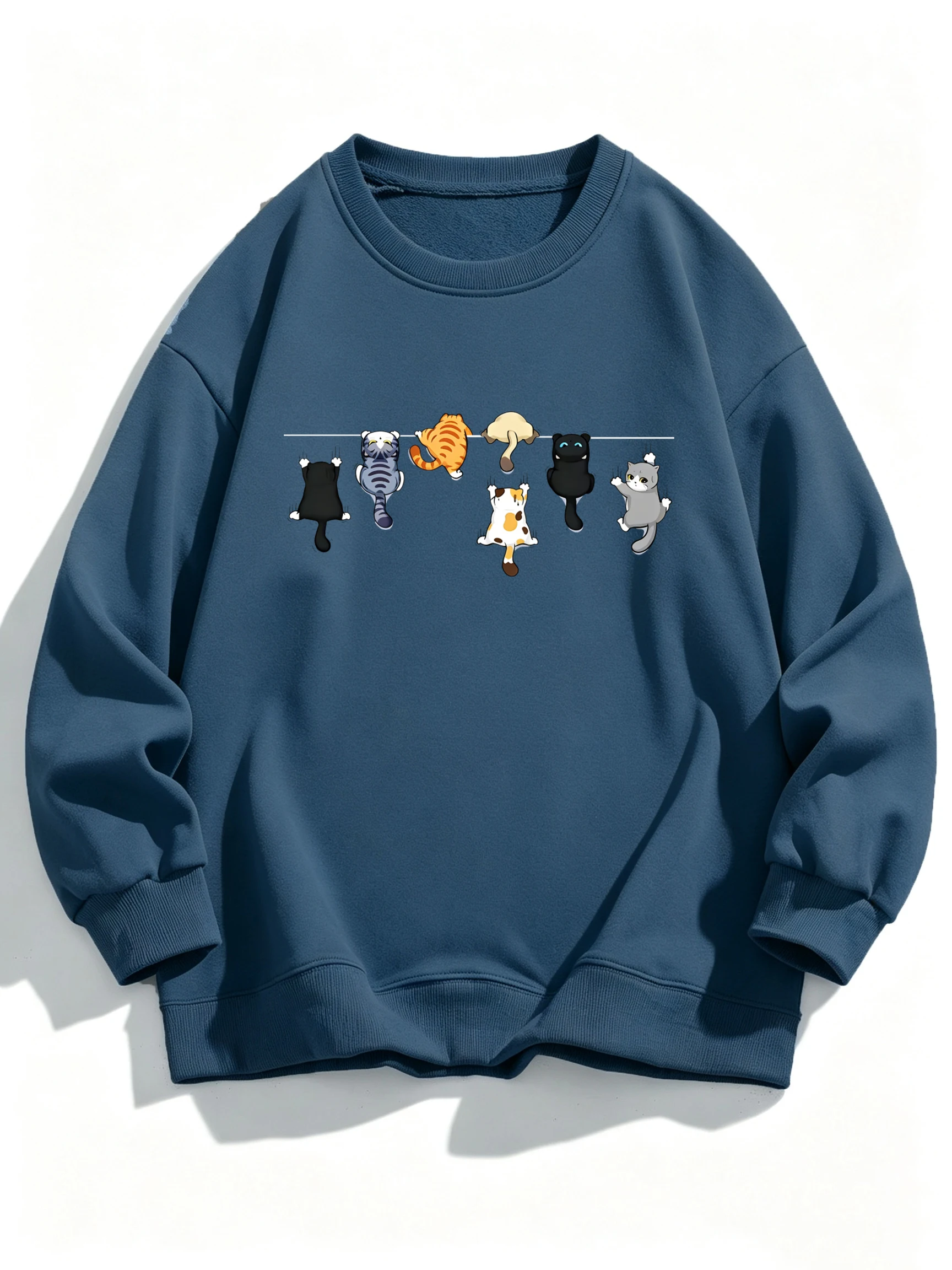 Cartoons Cats Pattern Autumn Warm Pullover Women Hip Hop Comfortable Sweatshirt Fleece O-Neck Sportswear Casual Loose Clothes