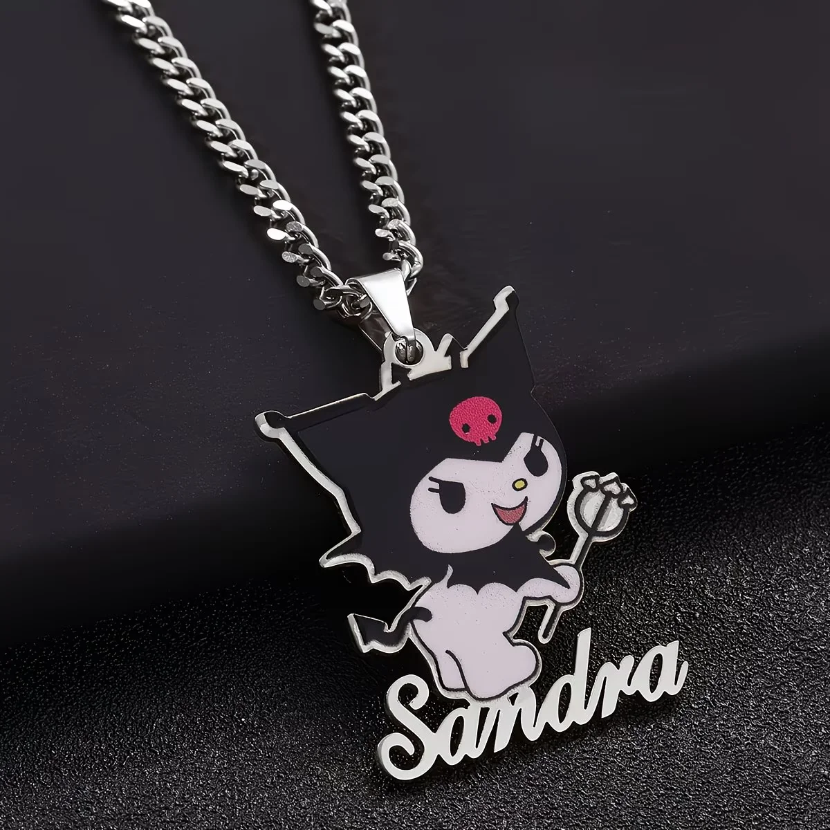 Custom Name UV Printing Colors Staff Kuromi Necklace Personalized Sanrio Pendant Stainless Steel Cuban Chain Jewelry Girl Gifts view 4