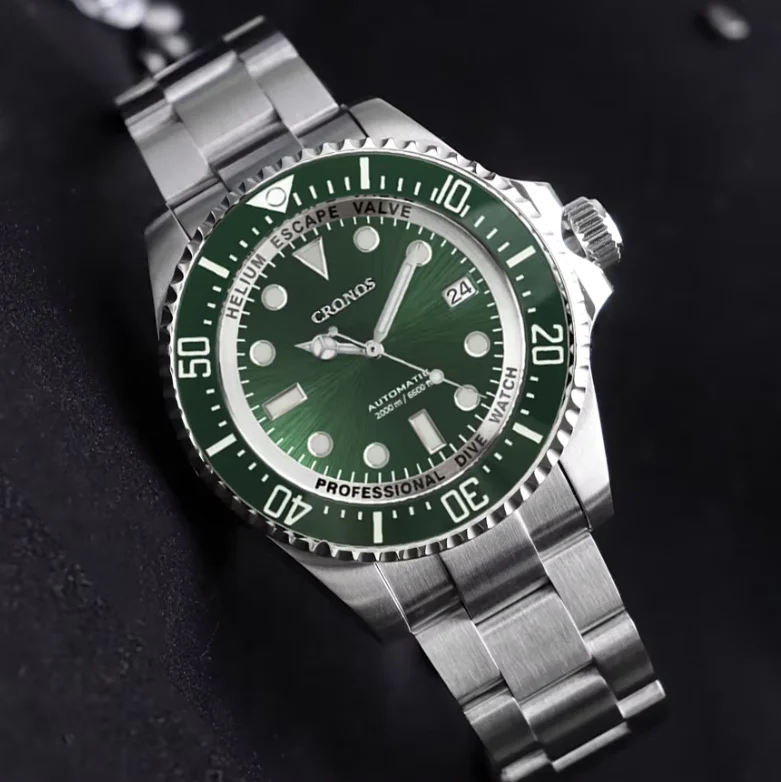 CRONOS Men Automatic Watch 44mm Mechanical Wristwatch Sapphire Mirror Diver 2000M Waterproof BGW-9 Luminous NN35 Ceramic Bezel