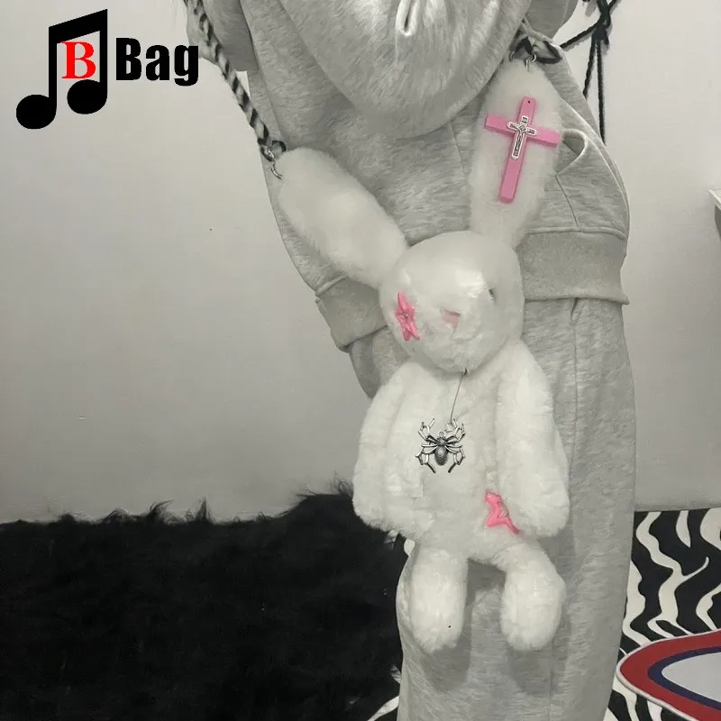 Harajuku Gothic Women Chain Crossbody Bags Soft Plush Ladies Purse Hanbag  Female Y2K Girl Punk shoulder bag tote Bunny Backpack