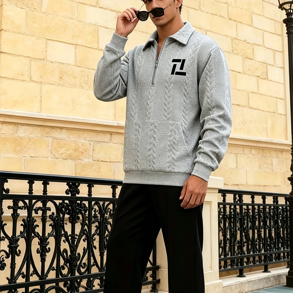 Men Textured Half Zip Polo Sweatshirt Lapel Collar Long Sleeve Pullover Geometric Block Print Casual Streetwear Training Top