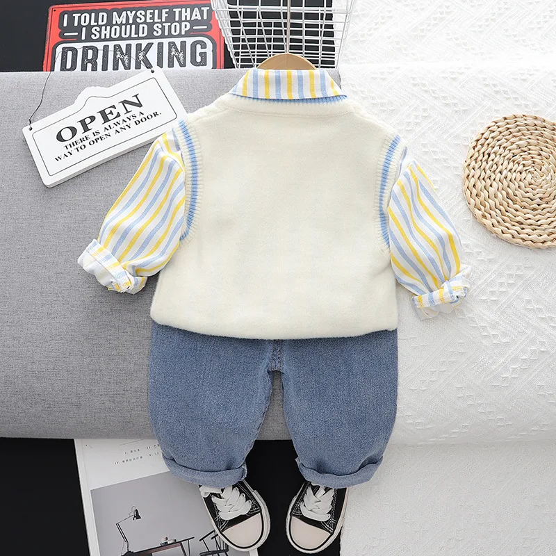 Baby Clothing Autumn and Winter New Children\'s Stripe Sports Set Boys\' Little Bear Sweater Simple Casual Three Piece Set