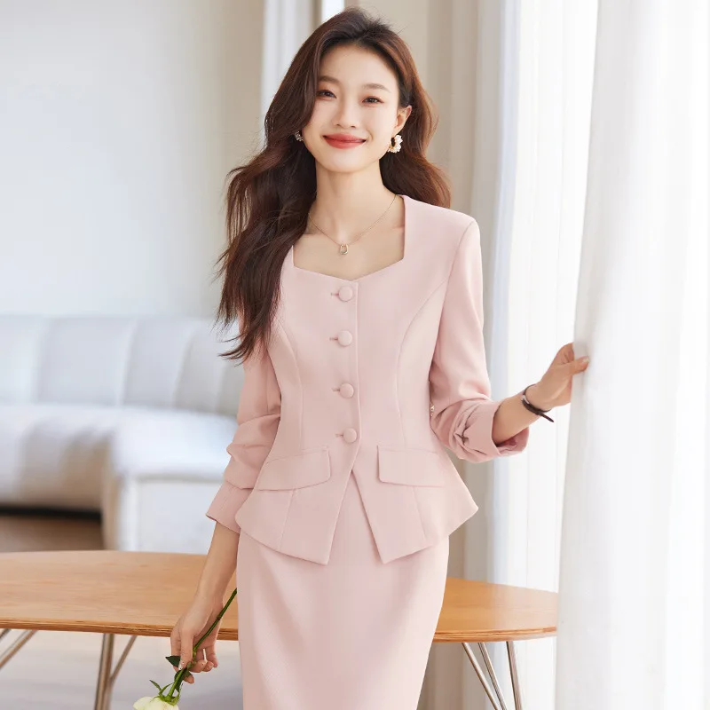 Pink Suit Skirt Two-Piece Set Spring and Autumn High Sense Temperament Goddess Style Business Wear Host Formal Wear