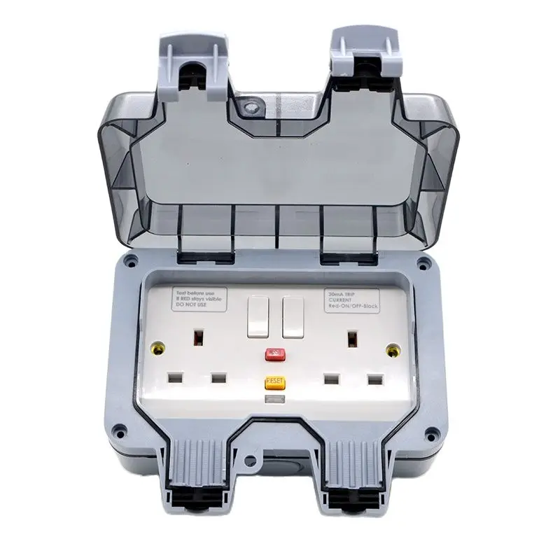 IP66 Outdoor Waterproof Socket Two Position Wall Plug UK Standard 13A Power Supply Jack With Leakage Protection Function