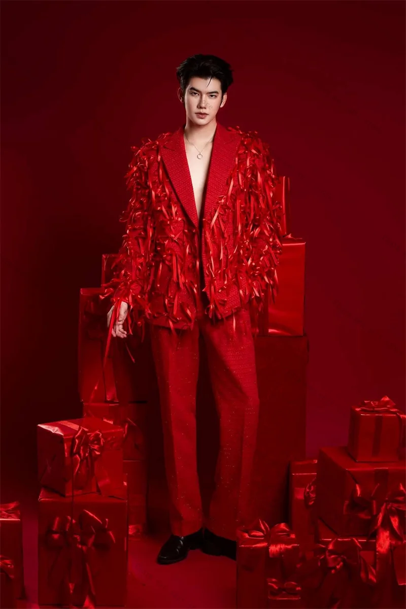 

Red Bow Luxury Men Suits Set 2 Pieces Blazer+Pants Trousers Cotton Wedding Tuxedos Formal Office Groom Prom Jacket Prom Coat