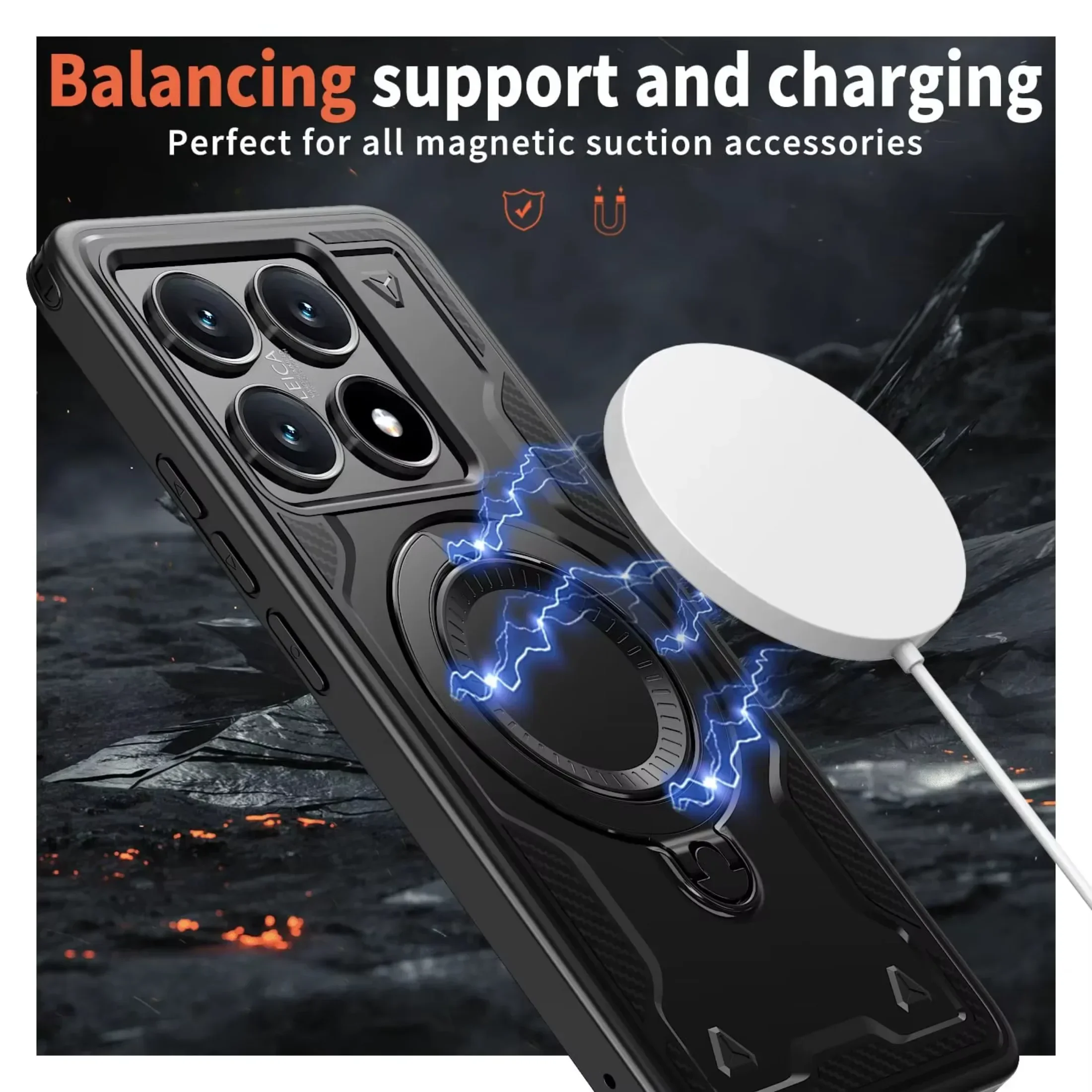 حافظة مدرعة لهاتف Xiaomi 14T Pro 5G Redmi Note 14 13 Pro Plus 5G4G Magsafe شحن لاسلكي 360 °   تدوير غطاء مقاوم للصدمات بمسند