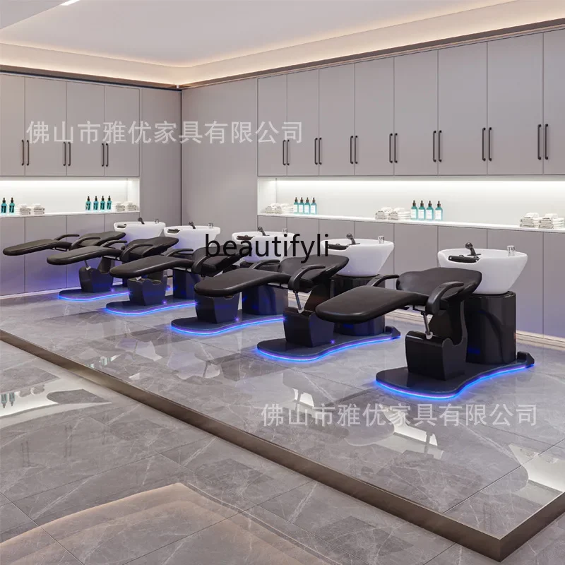 Electric lift shampoo bed High-end semi-lying silicone pillow ceramic basin shampoo bed for barber shop hair salon