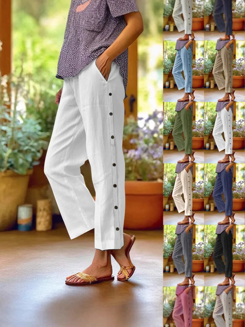 2026 Spring Autumn Women's Button Decorated Casual Long Pants Loose Fit Versatile Comfortable Commute Daily Wear Trendy Trousers