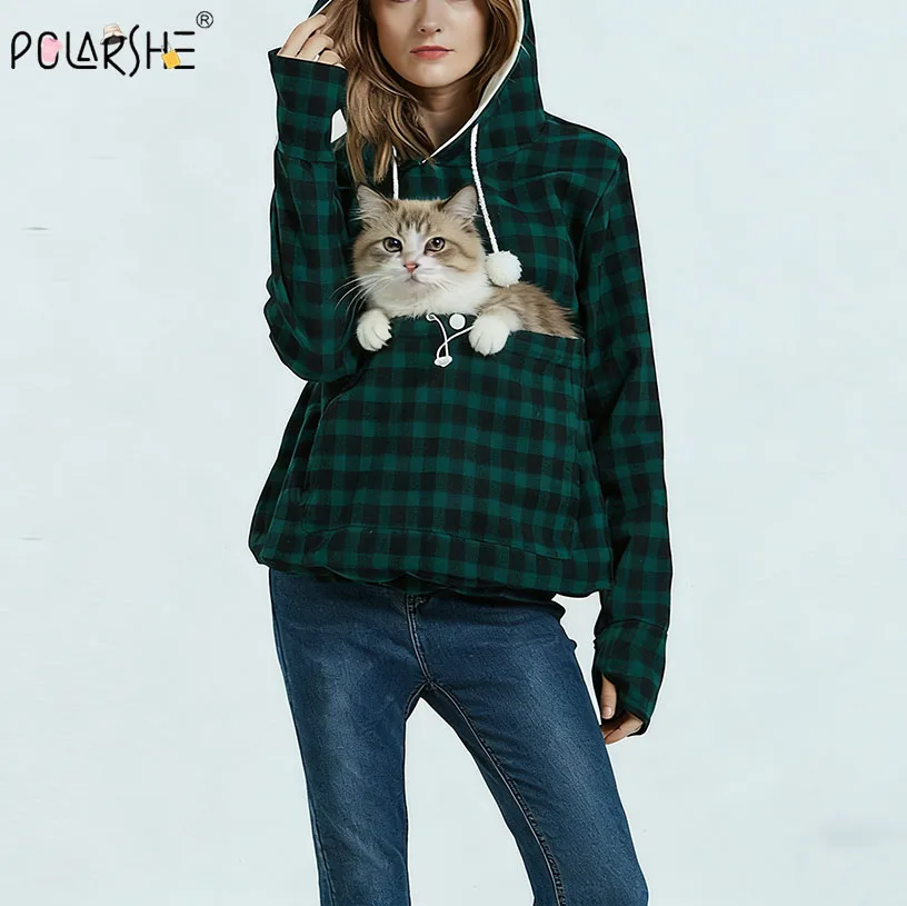 

Женская уличная осенне-зимняя утолщенная плюшевая толстовка с капюшоном, свободная переноска для домашних животных, большой карман, повседневный удобный однотонный топ, мягкий теплый